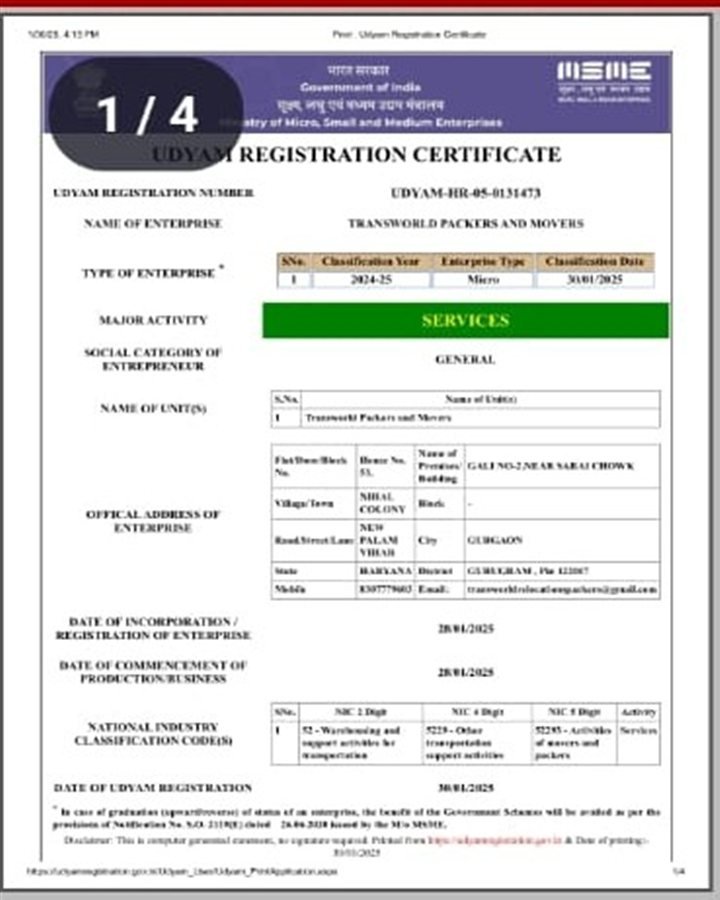 Udyam (MSME) — TransWorld Packers & Movers