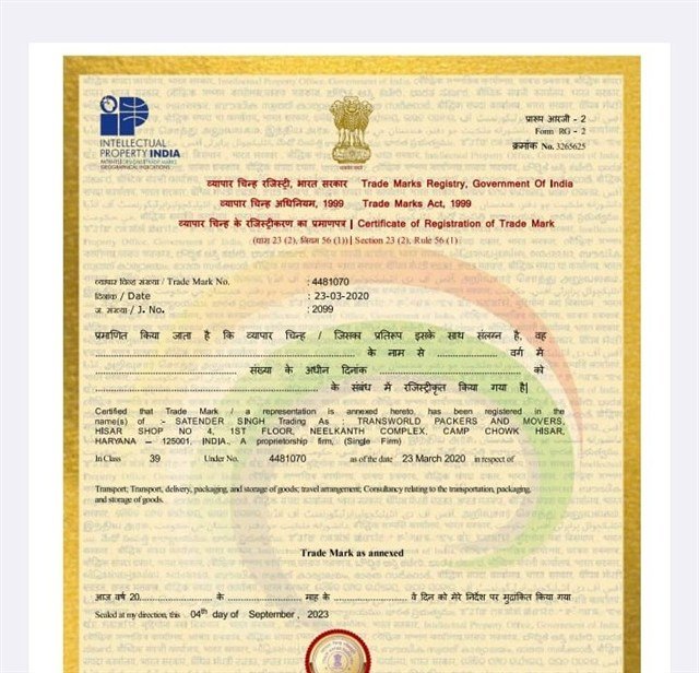 Registration Certificate — TransWorld Packers & Movers